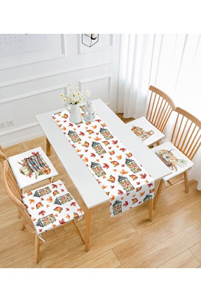 Realhomes Sonbahar Temalı Yaprak Tasarımlı 4 Pofidik Sandalye Minderi Ve 1 Runner Seti