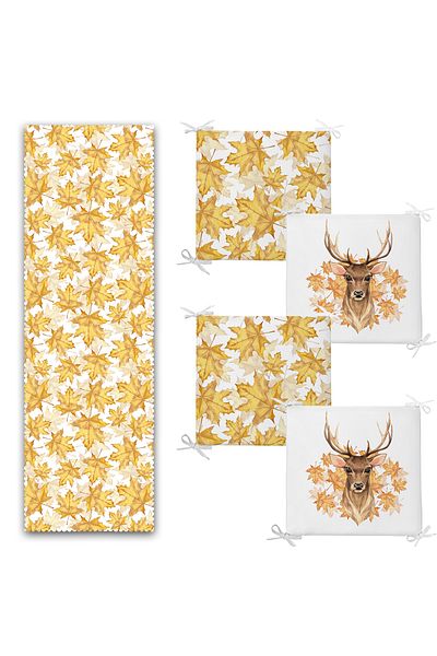 Realhomes Gold Detailed Leaf & Deer Designed 4 Zippered Chair Cushion 1 Runner Set