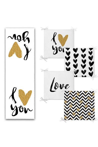 Realhomes I Love You Motif Set of 4 Zippered Chair Cushions and 1 Runner