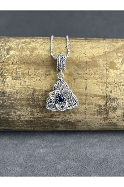 BEY SİLVER Telkari Safir Taşlı Çiçek Gümüş Kadın Kolye