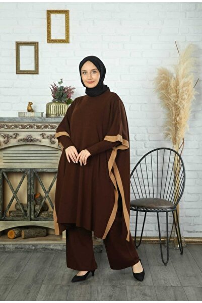 MODAMÜNASİP Set triplu de tricotaje maro pentru femei cu pantaloni