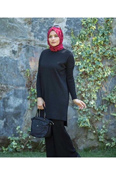 MODAMÜNASİP Μαύρο Πλεκτό Παντελόνι και Τουνίκ Διπλό Σετ