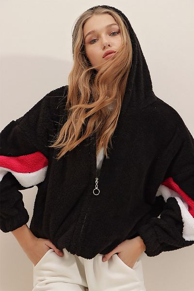Trend Alaçatı Stili Women's Black Fuchsia Hooded Zippered Sleeves Color Block Oversize Plush Sweatshirt ALC-547-001