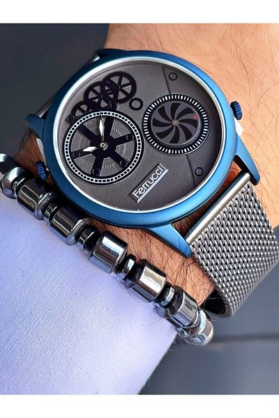 Ferrucci Anthracite Smoked Color Double Mechanism Wicker Men's Wristwatch + Hematite Natural Stone Bracelet with Gift