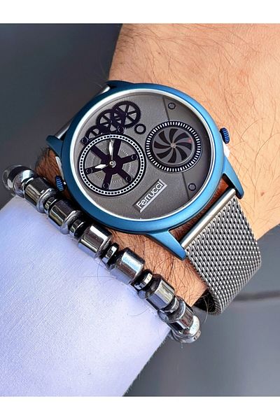 Ferrucci Anthracite Smoked Color Double Mechanism Wicker Men's Wristwatch + Hematite Natural Stone Bracelet with Gift
