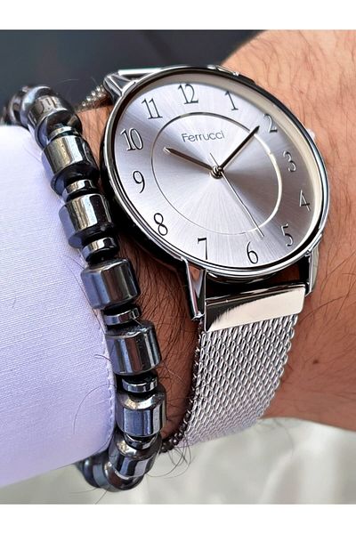 Ferrucci Silver Color Metallic Dial Classic Men's Wristwatch + Hematite Natural Stone Bracelet Gift