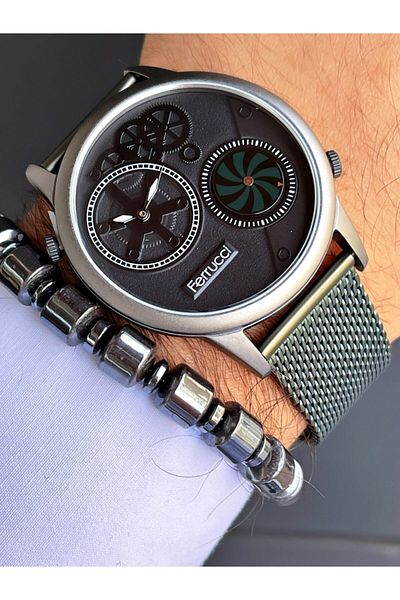 Ferrucci Green Color Smoked Case Double Mechanism Men's Wristwatch + Hematite Natural Stone Bracelet Gift