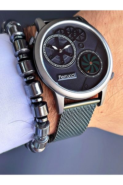 Ferrucci Green Color Smoked Case Double Mechanism Men's Wristwatch + Hematite Natural Stone Bracelet Gift