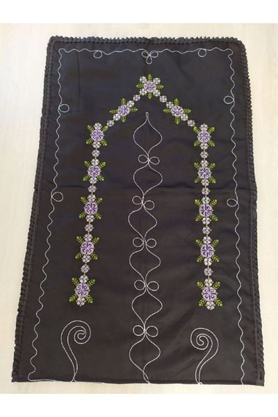 Çeyiz Bahçesi Cross Stitch Embroidered Nila Prayer Rug Black Lilac