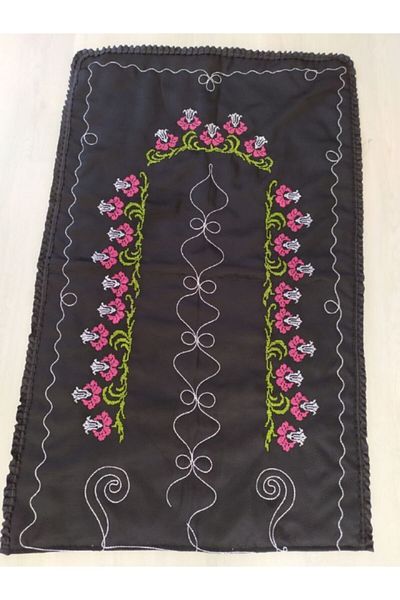 Çeyiz Bahçesi Cross Stitch Embroidered Nore Prayer Rug Black
