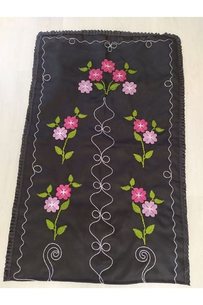 Çeyiz Bahçesi Cross Stitch Embroidered Garden Prayer Rug Black Flower
