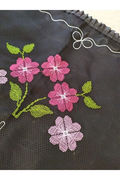 Çeyiz Bahçesi Cross Stitch Embroidered Garden Prayer Rug Black Flower
