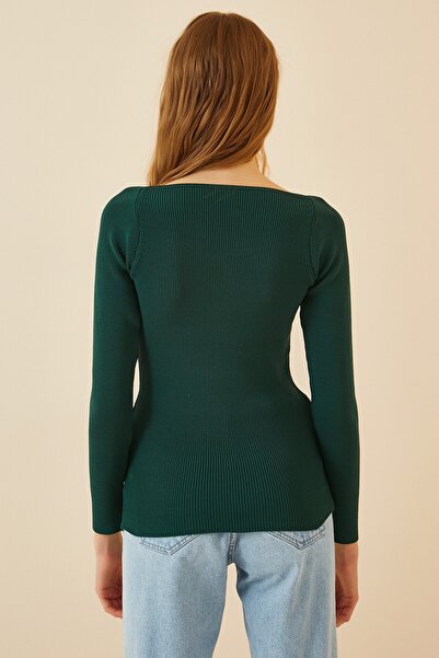 Happiness İstanbul Női smaragdzöld szív galléros bordás kötött pulóver US00738