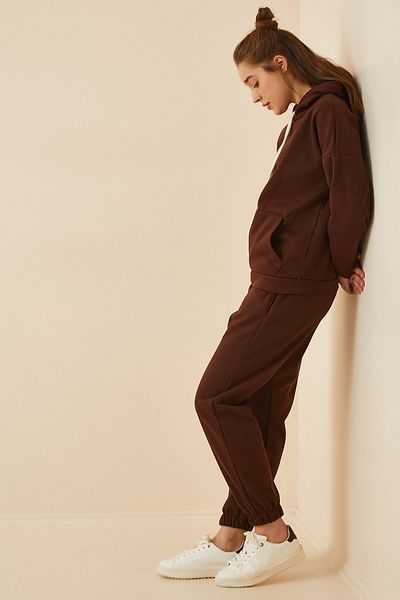 Happiness İstanbul Dunkelbraunes Fleece-Trainingsanzug-Set mit Kapuze für Damen DD00762
