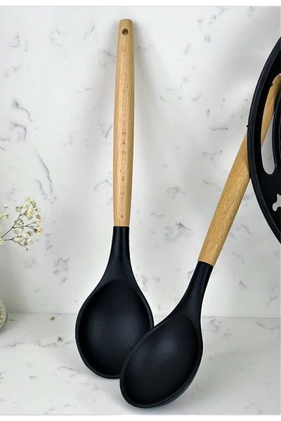 morponi Bamboo Handle Silicone Serving Spoon Black 1 Piece