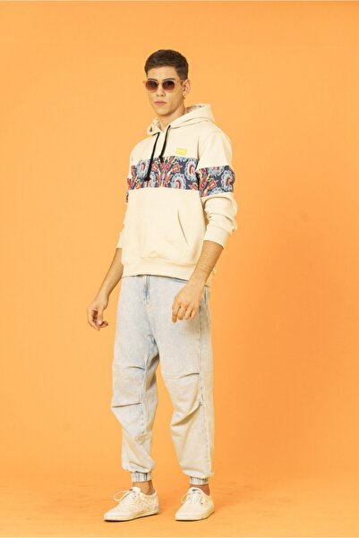 Nani Collection Nani | Taş Rengi, Mavi Motifli Parça Oversize Erkek Sweatshirt
