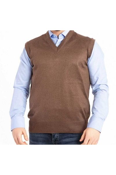 HMZ GİYİM Men's V-Neck Thin Wool Knitted Brown Knitwear Sweater