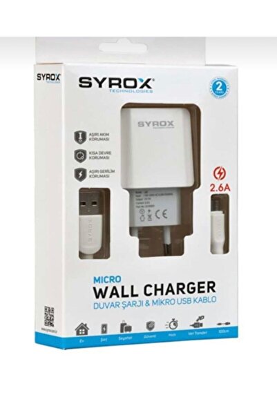 Syrox J47 Micro Usb Kablolu Hızlı Şarj Aleti Set 2.6a Beyaz