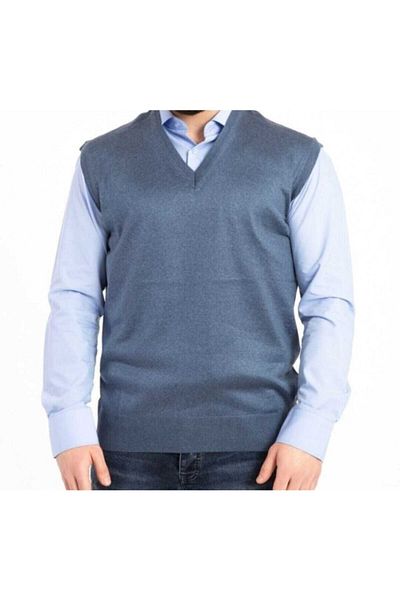 HMZ GİYİM Men's V-Neck Thin Wool Knit Indigo Knitwear Sweater