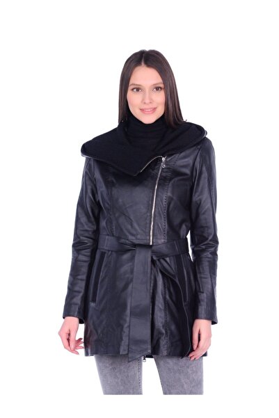 NEW VENTURE GIAN FERRE SOLID LEATHER Kadın Hakiki Deri Ceket Triko Kapüşonlu ...