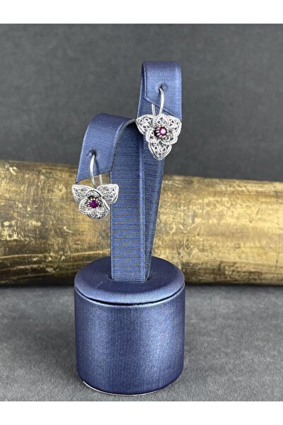BEY SİLVER Telkari Yakut Taşlı Çiçek Gümüş Kadın Nokta Küpe