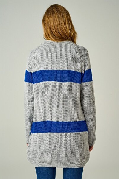 AQE FASHION Kadın Çizgili Örme Gri & Saks Hırka