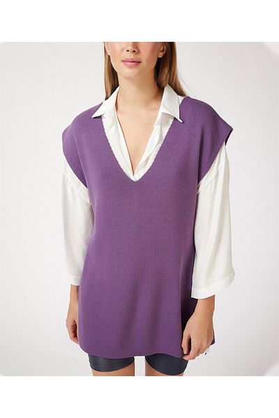 AQE FASHION Women's V-Neck Sleeveless Tie Poncho Lilac