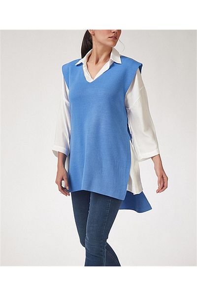 AQE FASHION Women's V-Neck Sleeveless Tie Poncho Baby Blue