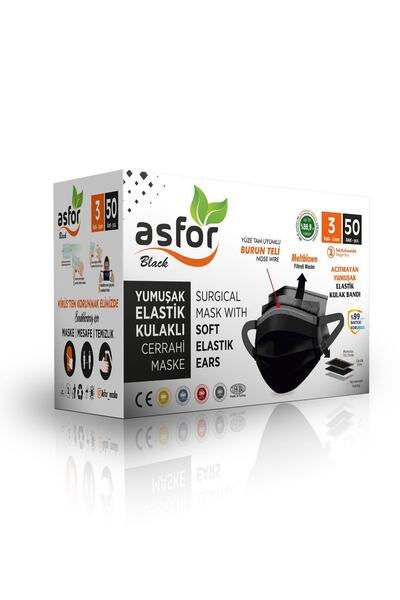 Asfor Yumuşak Elastik Kulaklı Cerrahi Maske - Siyah 250 Adet