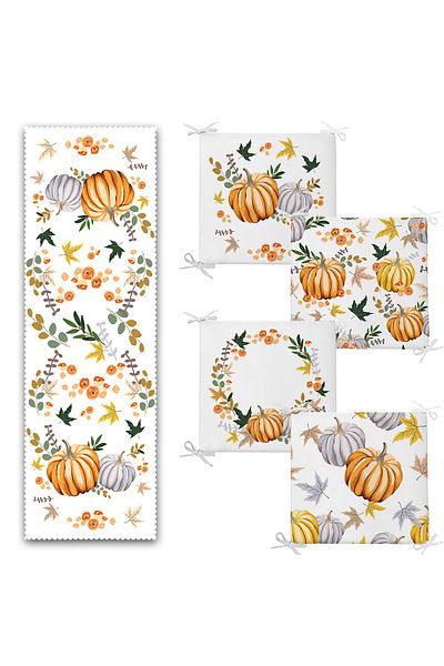 Realhomes Special Design Pumpkin Patterned 4 Zippered Chair Cushion Ce Runner Set
