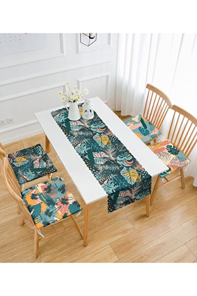 Realhomes مجموعة من 4 وسائد كرسي بسحاب و1 عداء بتصميم أوراق استوائية ملونة