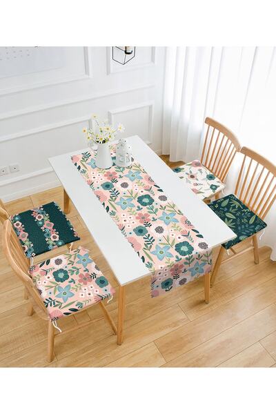 Realhomes Renkli Tropik Çiçek Tasarımlı 4 Fermuarlı Sandalye Minderi Ve 1 Run...