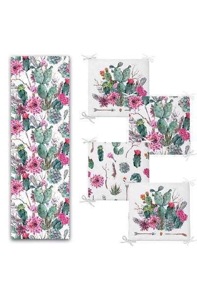 Realhomes Cactus Motif Set of 4 Zippered Chair Cushions and 1 Runner