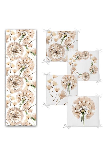 Realhomes Watercolor Drawing Dandelion Designed Set of 4 Zippered Chair Cushions and 1 Runner