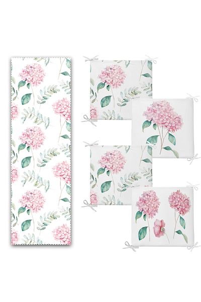 Realhomes White Floor Hydrangea Flower Motif Set of 4 Zippered Chair Cushions and 1 Runner