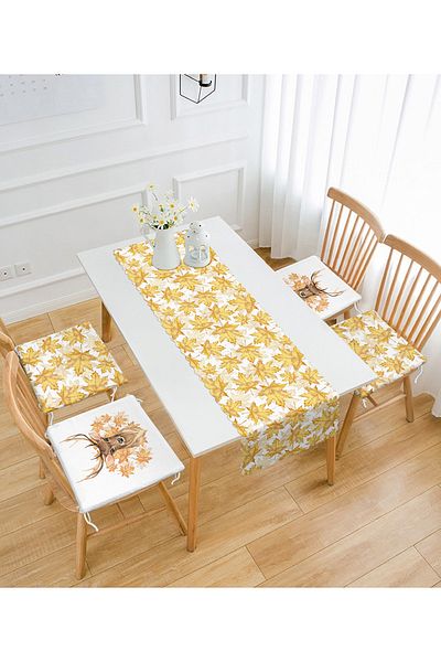 Realhomes Gold Detailed Leaf & Deer Designed 4 Zippered Chair Cushion 1 Runner Set