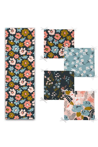Realhomes Set de 4 perne pentru scaune cu fermoar și 1 pasaj cu design floral abstract