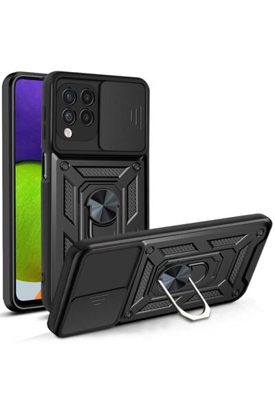Fibaks Samsung Galaxy A22 - M22 - M32 Uyumlu Kılıf Kamera Korumalı Sürgülü Yüzüklü Armor Military Tank