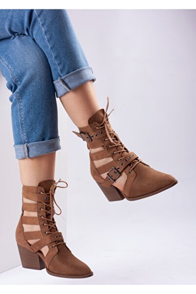 Bej Ayakkabı Women's Back Zippered Double Buckle Adjustable and Tied Summer Boots Camel