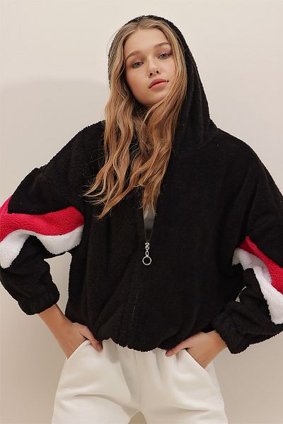 Trend Alaçatı Stili Women's Black Fuchsia Hooded Zippered Sleeves Color Block Oversize Plush Sweatshirt ALC-547-001