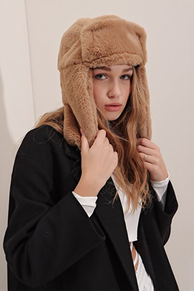 Trend Alaçatı Stili Dámská hnědá plyšová náhlavní souprava Soft Hat ALC-A2427