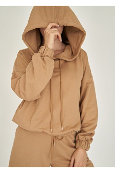 Nikki Couture Bej Kapüşonlu Svetşört