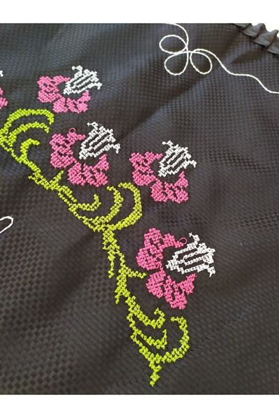 Çeyiz Bahçesi Cross Stitch Embroidered Nore Prayer Rug Black