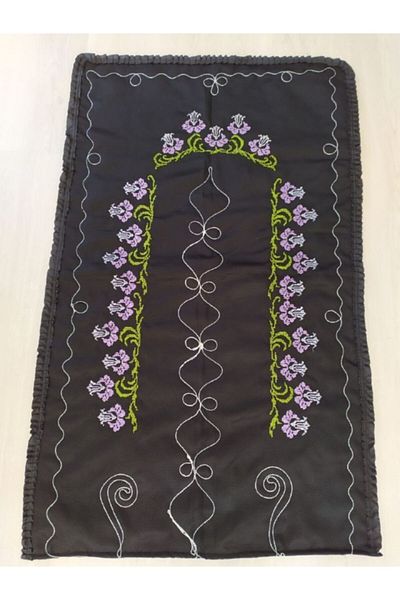 Çeyiz Bahçesi Cross Stitch Embroidered Mihrap Prayer Mat Black