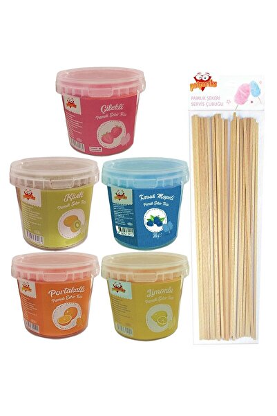 PSC Evde Pamuk Şekeri Üretim Seti 2,5 Kg. - 5 X 500 Gr. Şeker Tozu - 50 Adet Çubuk