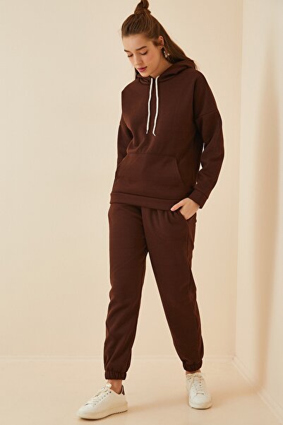 Happiness İstanbul Női sötétbarna kapucnis polár tréningruha szett DD00762