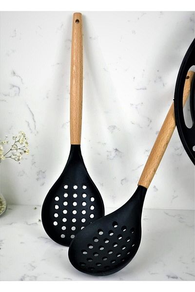 morponi Bamboo Handle Silicone Colander Black (1 Piece)
