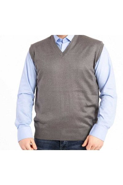 HMZ GİYİM Men's V-Neck Thin Wool Knitted Gray Knitwear Sweater