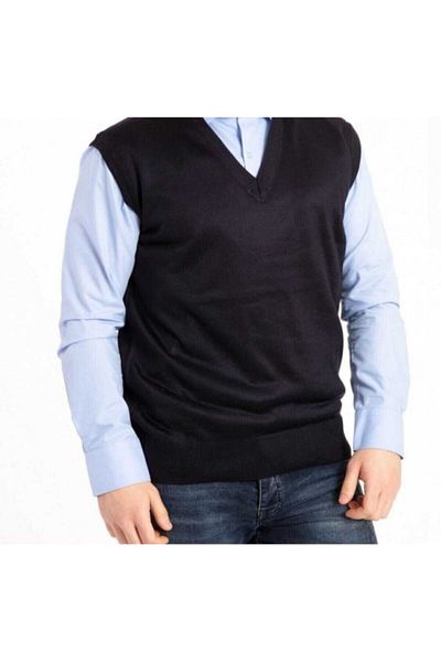 HMZ GİYİM Men's V-Neck Thin Wool Knitted Navy Blue Knitwear Sweater