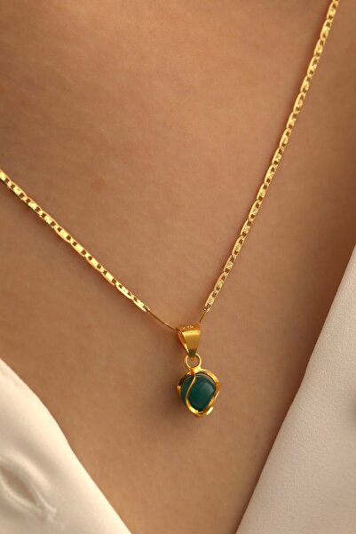 MİLET KUYUMCULUK 14 Ayar Altın Yeşil Akik Zincir Kolye